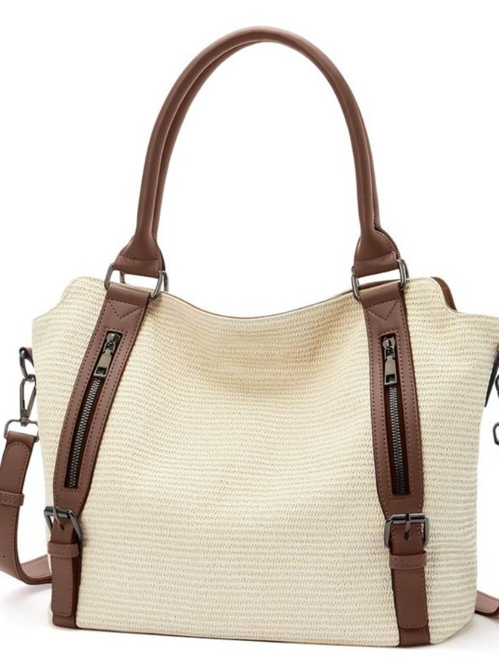 Large Capacity Beige Vegan Leather Double Crossbody Handbag - Picture 2 of 6